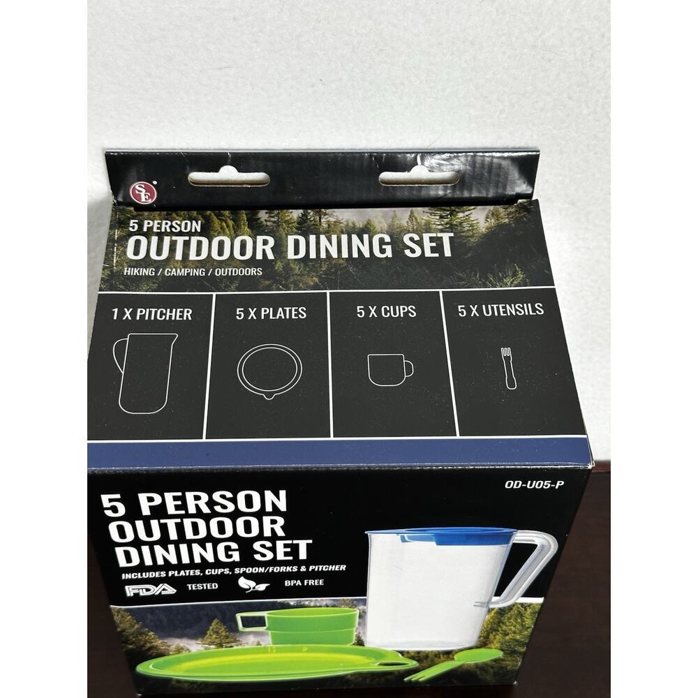 Camping 5 Person Outdoor Dining Set Plates Cups Forks Pitcher Reusable NIB - Picture 2 of 5